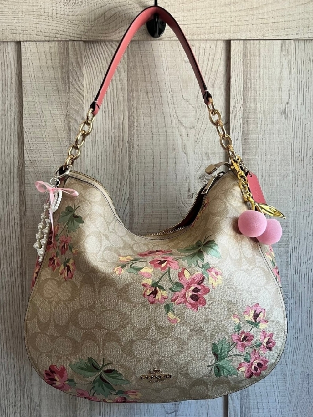 Coach Floral Print Hobo Bag in Pink and Beige